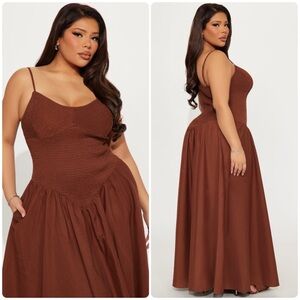 Fashion Nova Lily Smocked Drop Waist Maxi Dress - Brown NWT Size 2X Cotton Blend